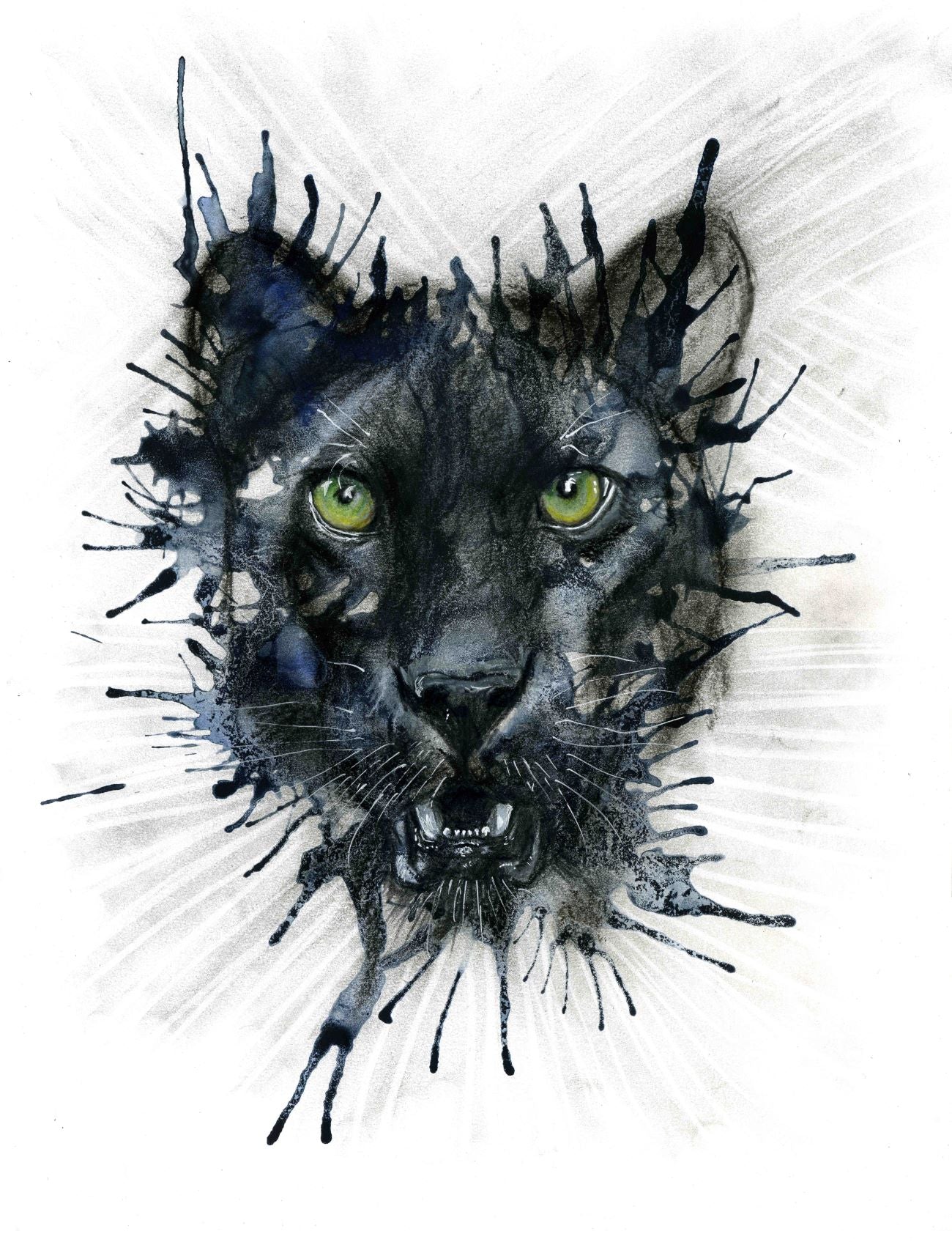 Black Leopard with green eyes. Mixed media original artwork