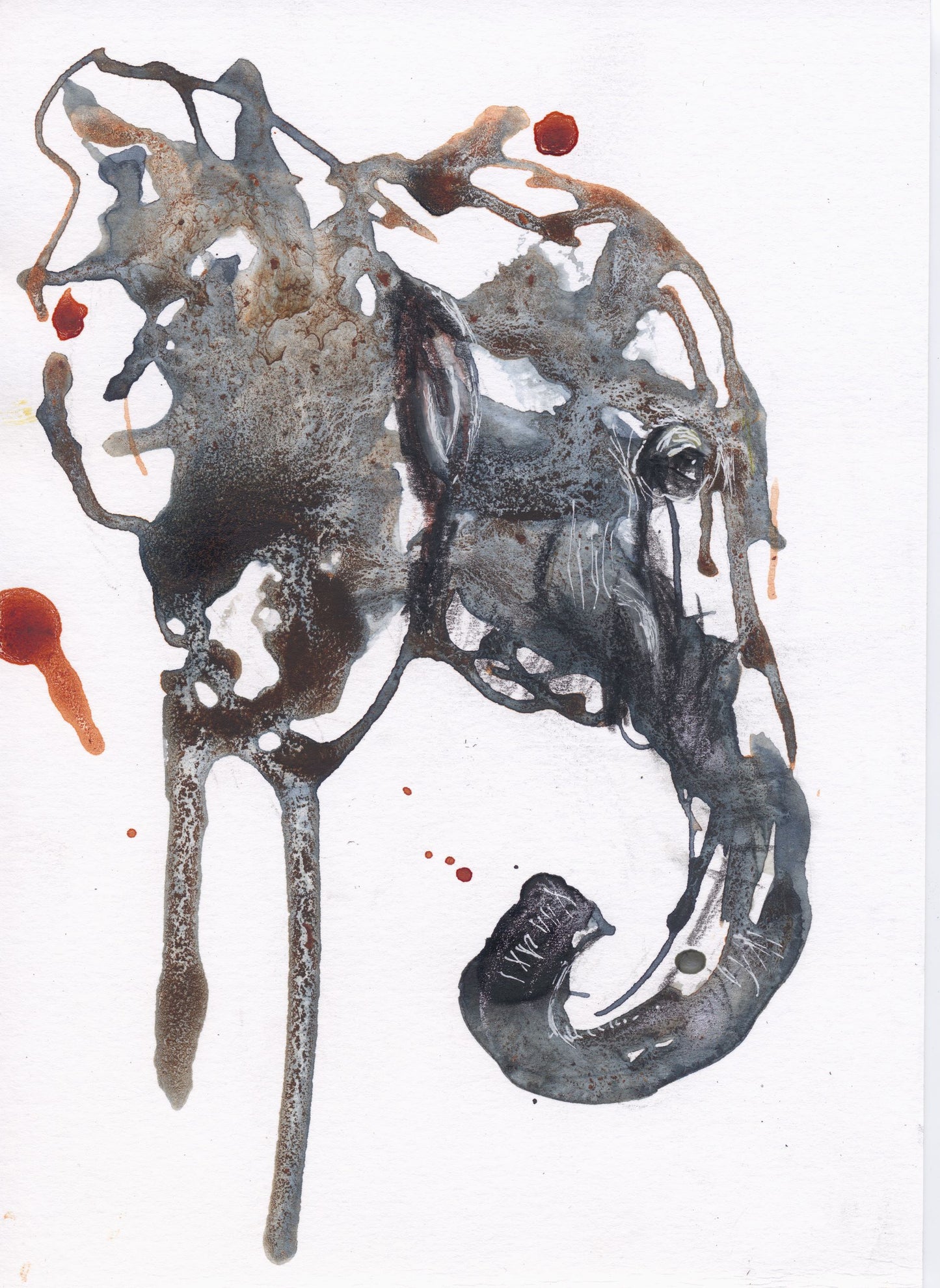 Abstract artwork of an Indian elephant with splashes of black, gray, and burnt sienna on a white background