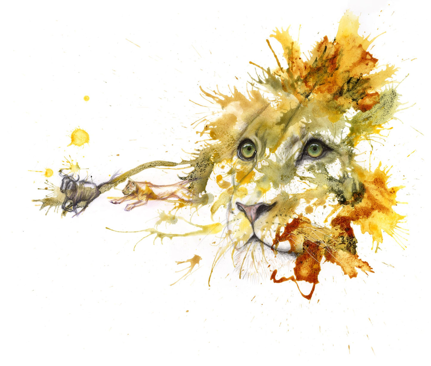 Lion and Wildebeest: Predator and Prey. Mixed media giclée print