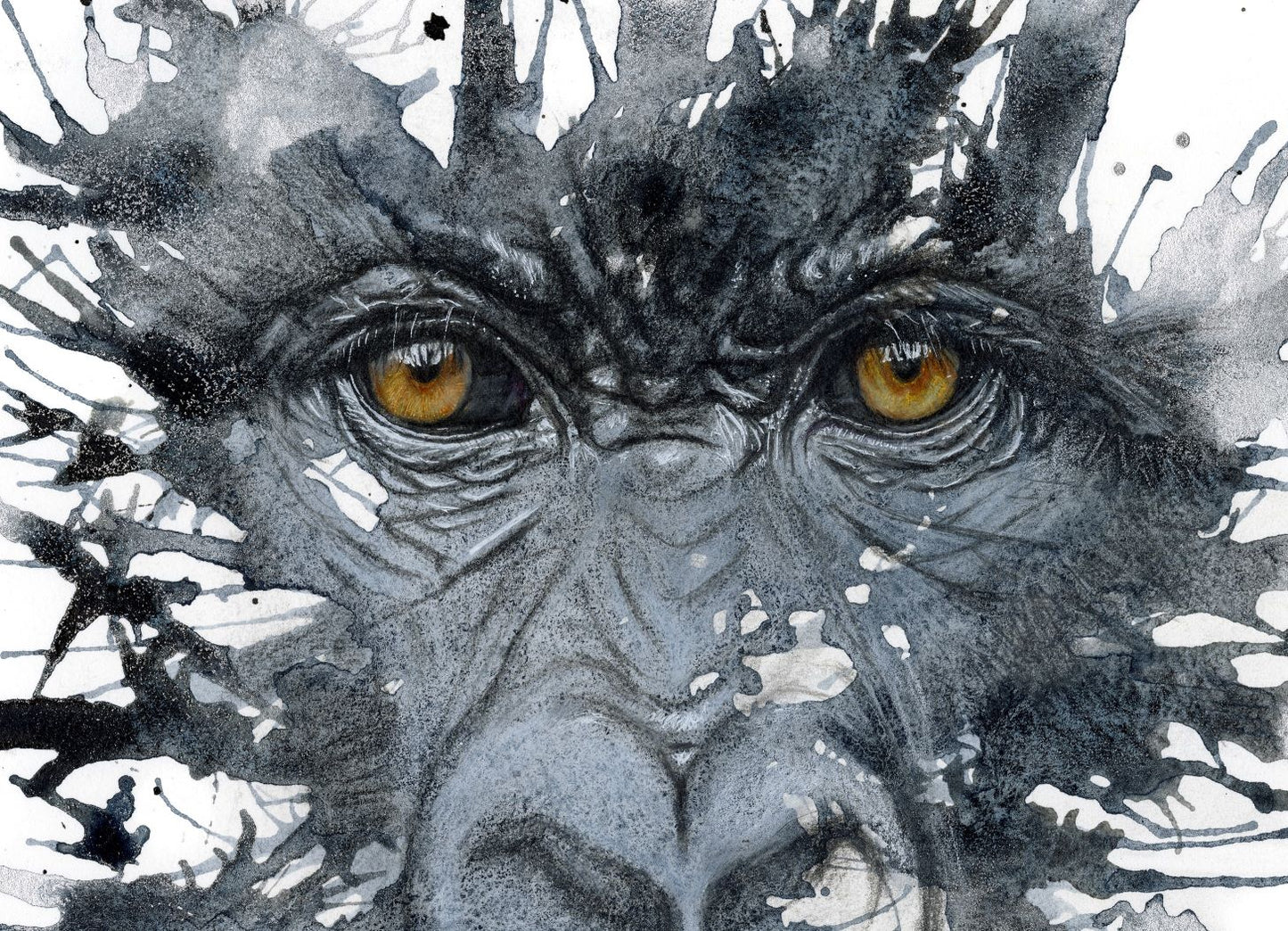 Artistic depiction of a gorilla's face with a black and white abstract background