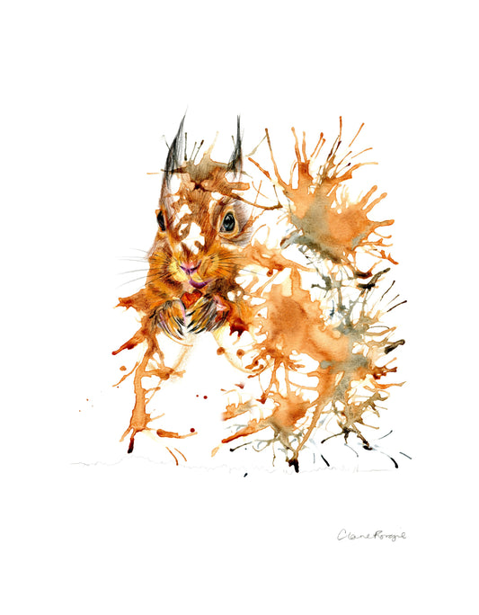 Original mixed media artwork featuring a watercolor and coloured pencil painting of a red squirrel with a Christmas theme.
