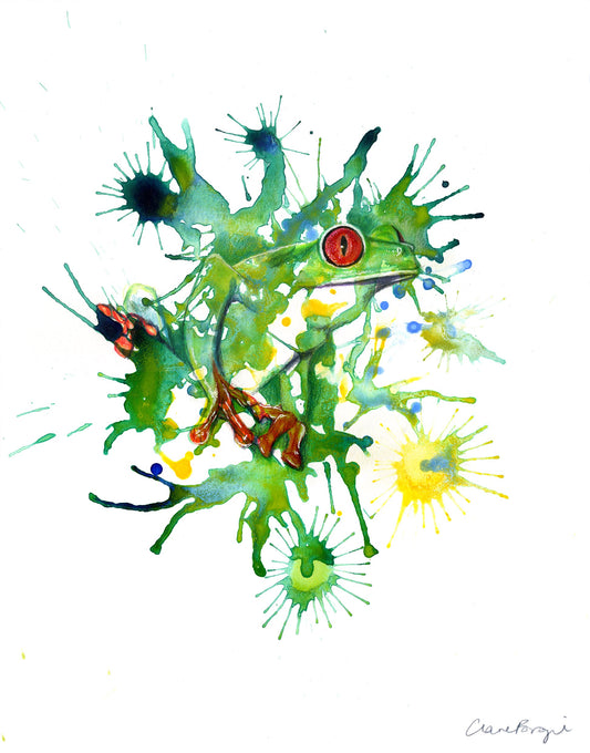 Colourful abstract painting of a Costa Rican red eyed tree frog on a white paper. Giclée print