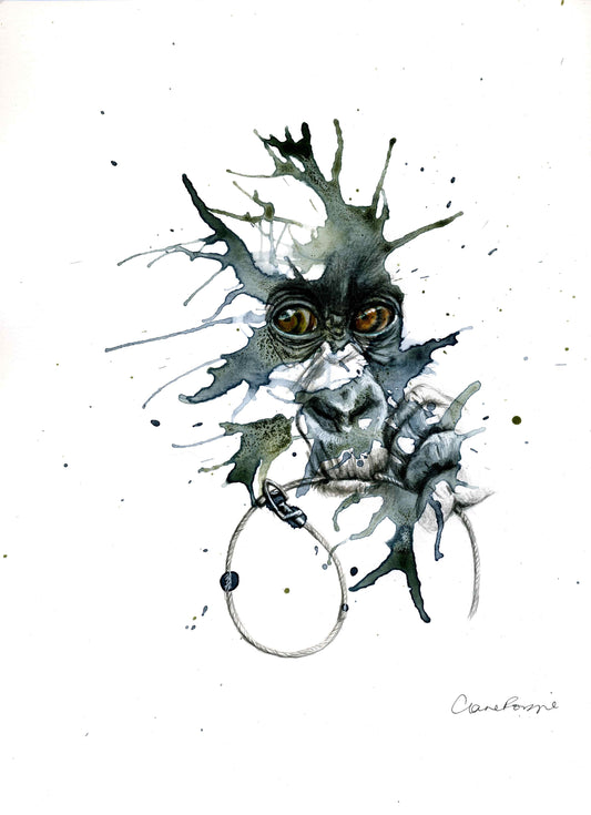 Giclée print featuring an abstract representation of a young gorilla with a snare in its mouth. The eyes show a cheeky look. Completed in a splashed black and white color scheme with coloured pencils for the details of the eyes.