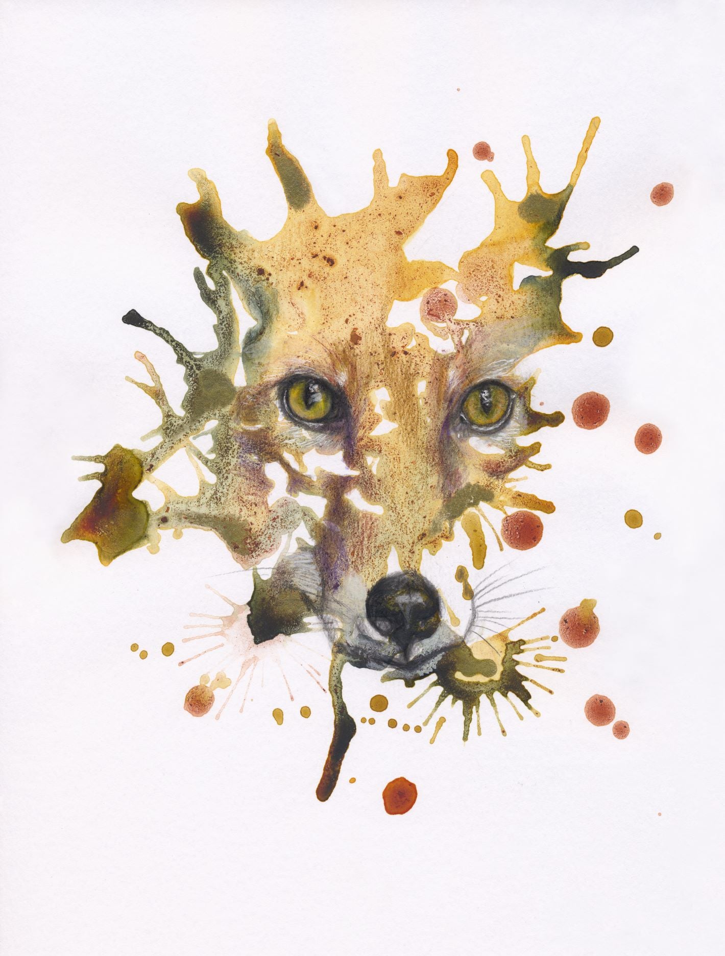 Artistic depiction of a fox's face with abstract elements on white paper using watercolour paint, gold ink and coloured pencils.
