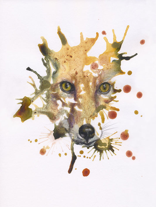 Artistic depiction of a fox's face with abstract elements on white paper using watercolour paint, gold ink and coloured pencils.