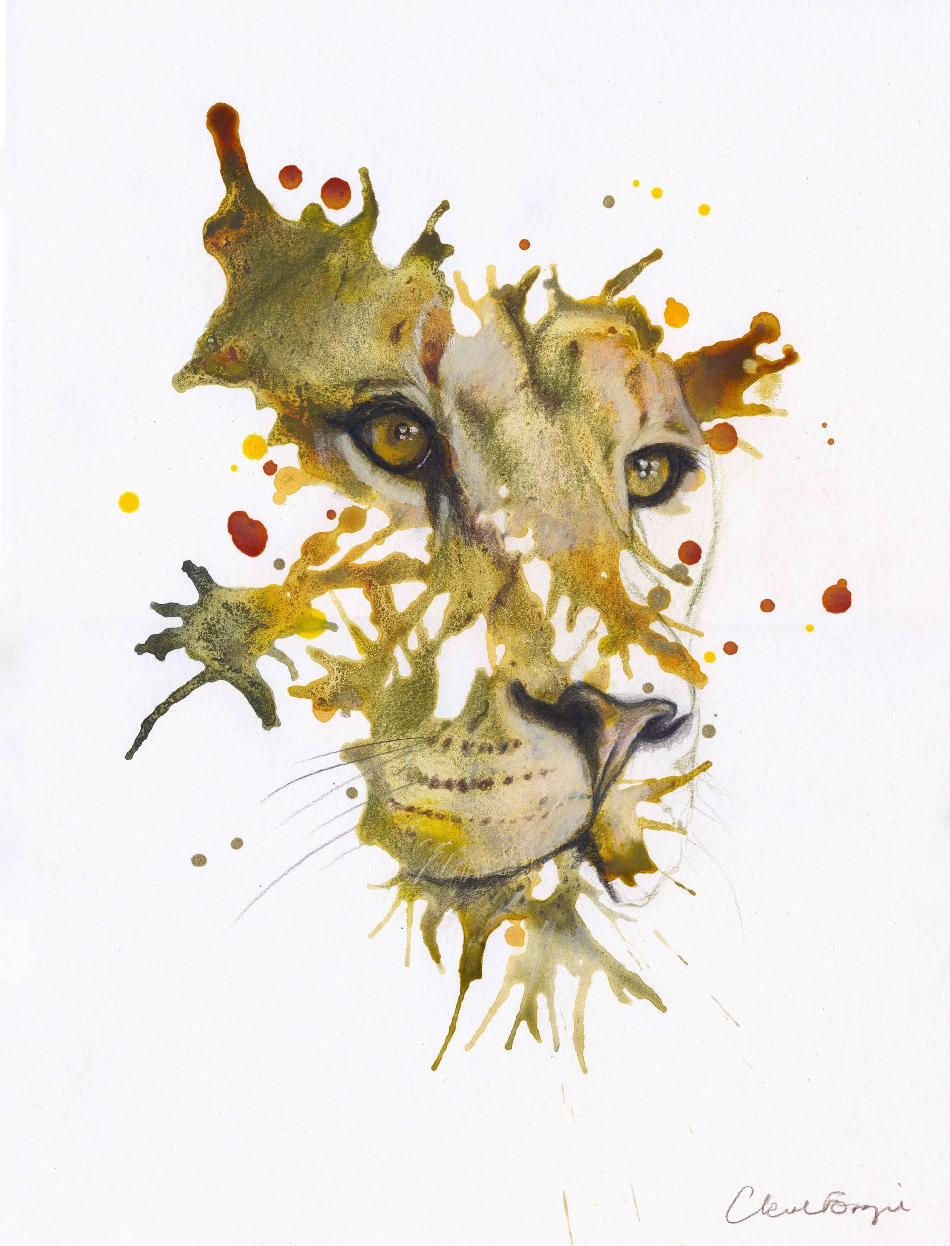 Artistic depiction of a lion's face with abstract elements on white paper