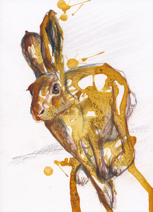 Artistic depiction of a hare with gold accents on a white background