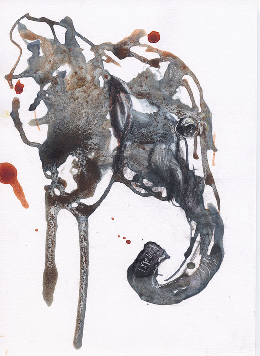 Abstract artwork of an Indian elephant with splashes of black, gray, and burnt sienna on a white background