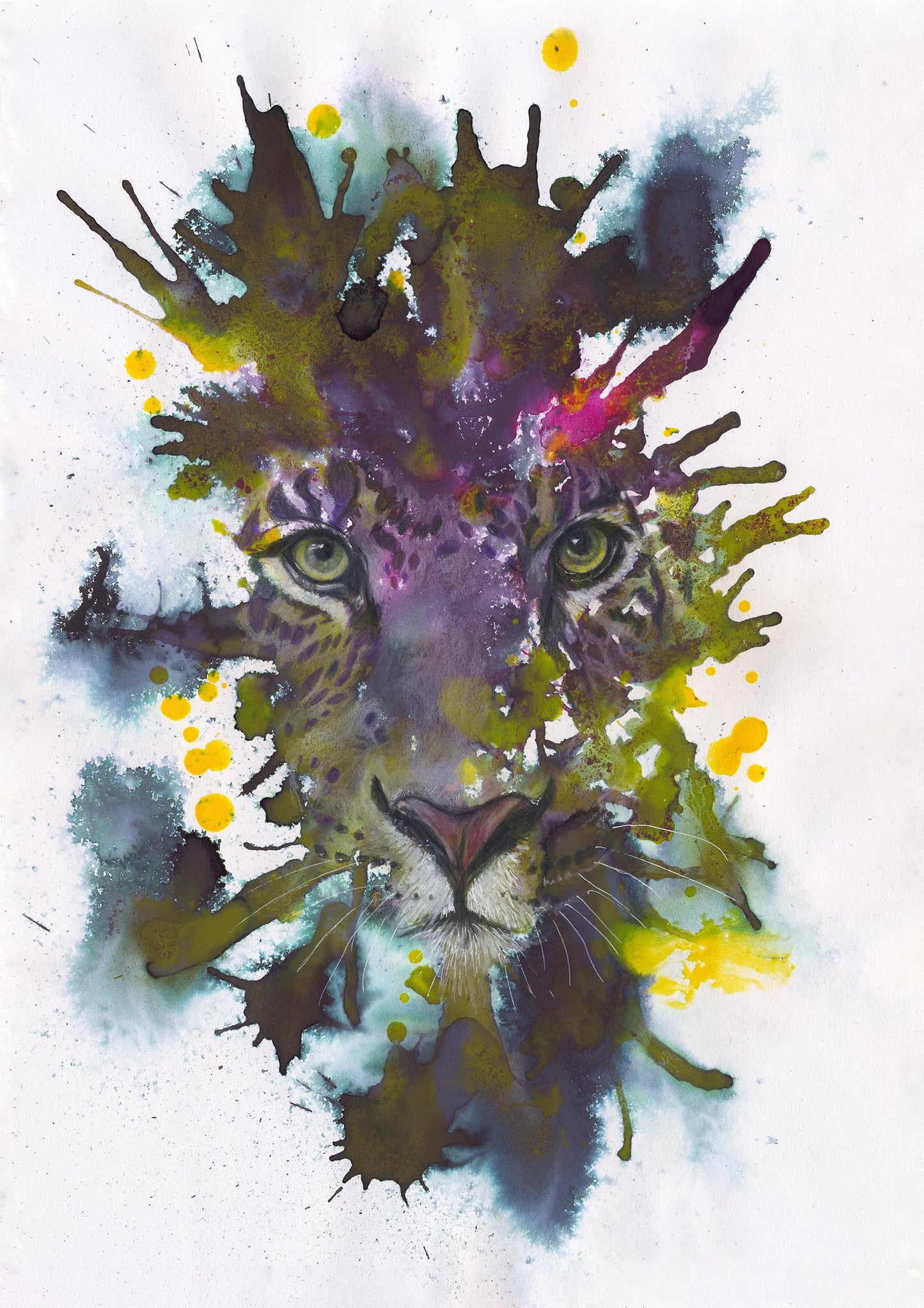 Colorful abstract painting of a leopard's face with splashes of paint and ink on white paper