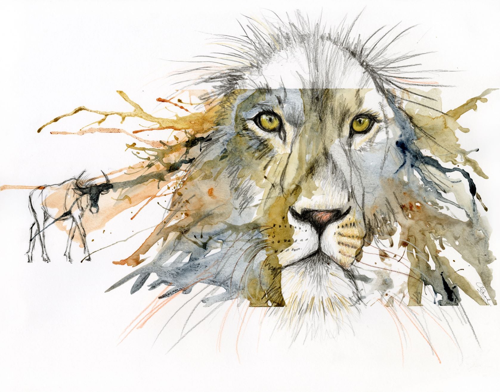 Artistic depiction of a lion and wildebeest with watercolour effects on a white background. Giclée print