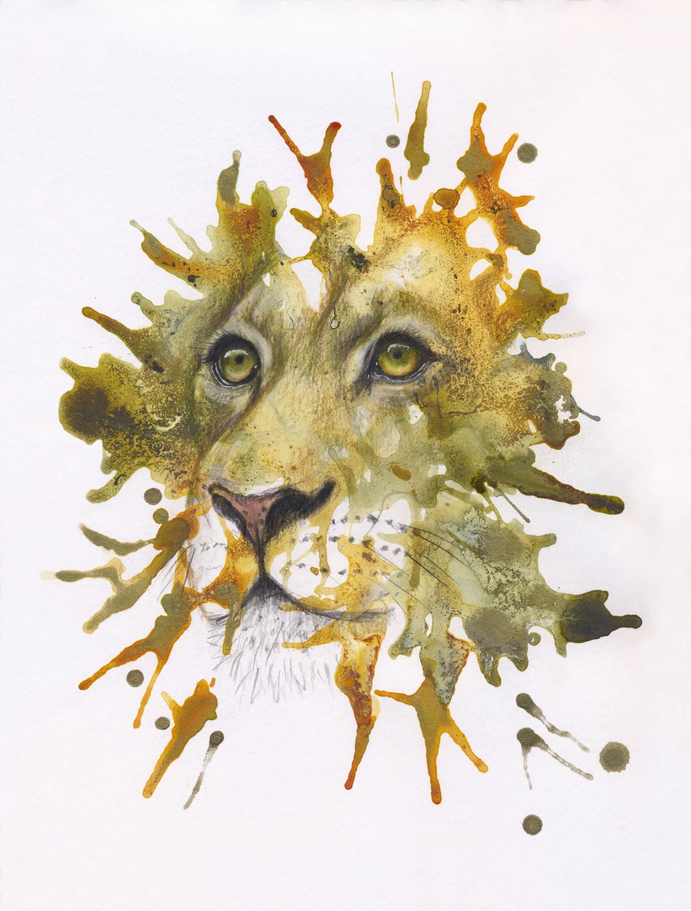 Abstract depiction of a lion's face with beautiful and realistic eyes. Giclée print that is hand-finished using gold ink.