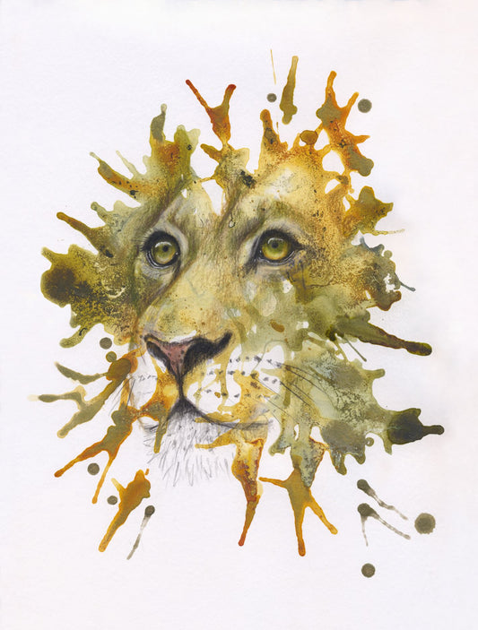 Abstract depiction of a lion's face with beautiful and realistic eyes. Giclée print that is hand-finished using gold ink.