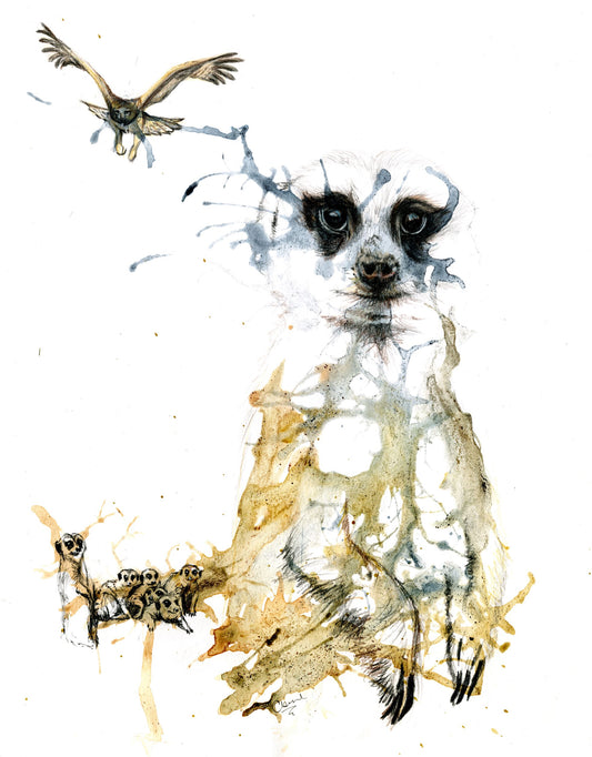 A giclée print featuring a meerkat and a martial eagle, with the meerkat in the foreground and the eagle in flight in the background. It examines the relationship between predator and prey.