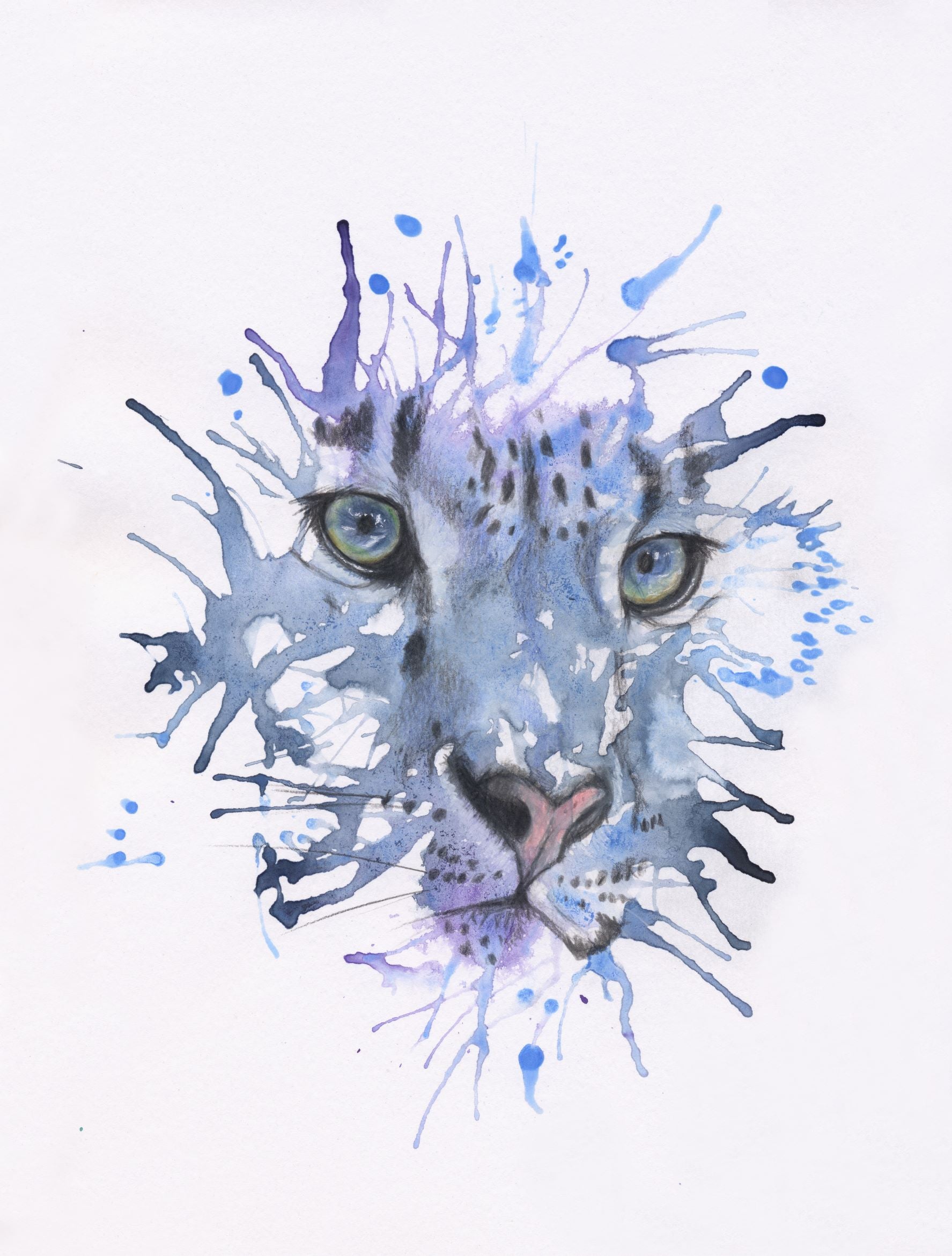 Artistic depiction of a snow leopard's face with blue and black splashes on white paper