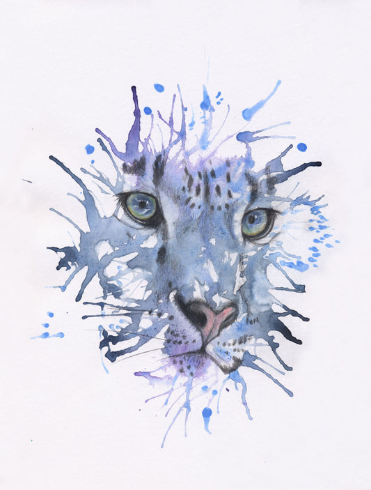 Artistic depiction of a snow leopard's face with blue and black splashes on white paper