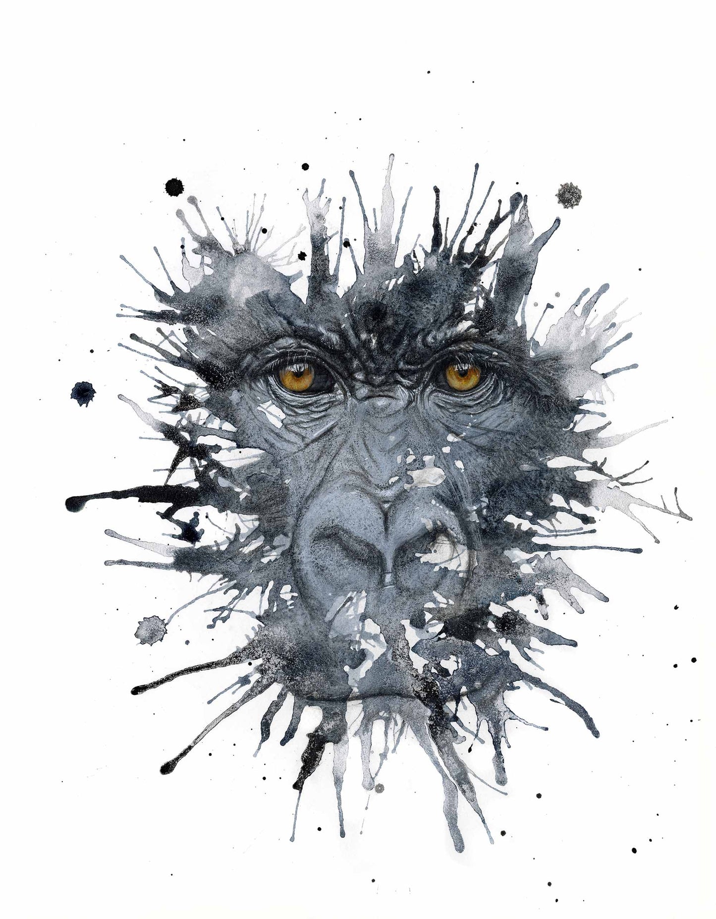 Artistic depiction of a lowland gorilla's face with black and white splashes on a white background