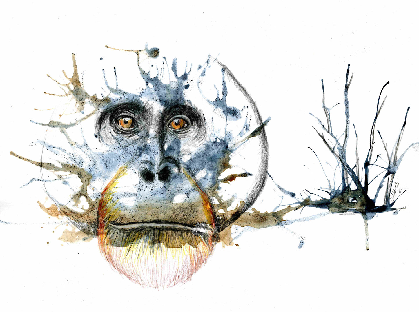 Burnt out is a contemporary mixed media artwork featuring an Sumatran orangutan by Clare Forgie